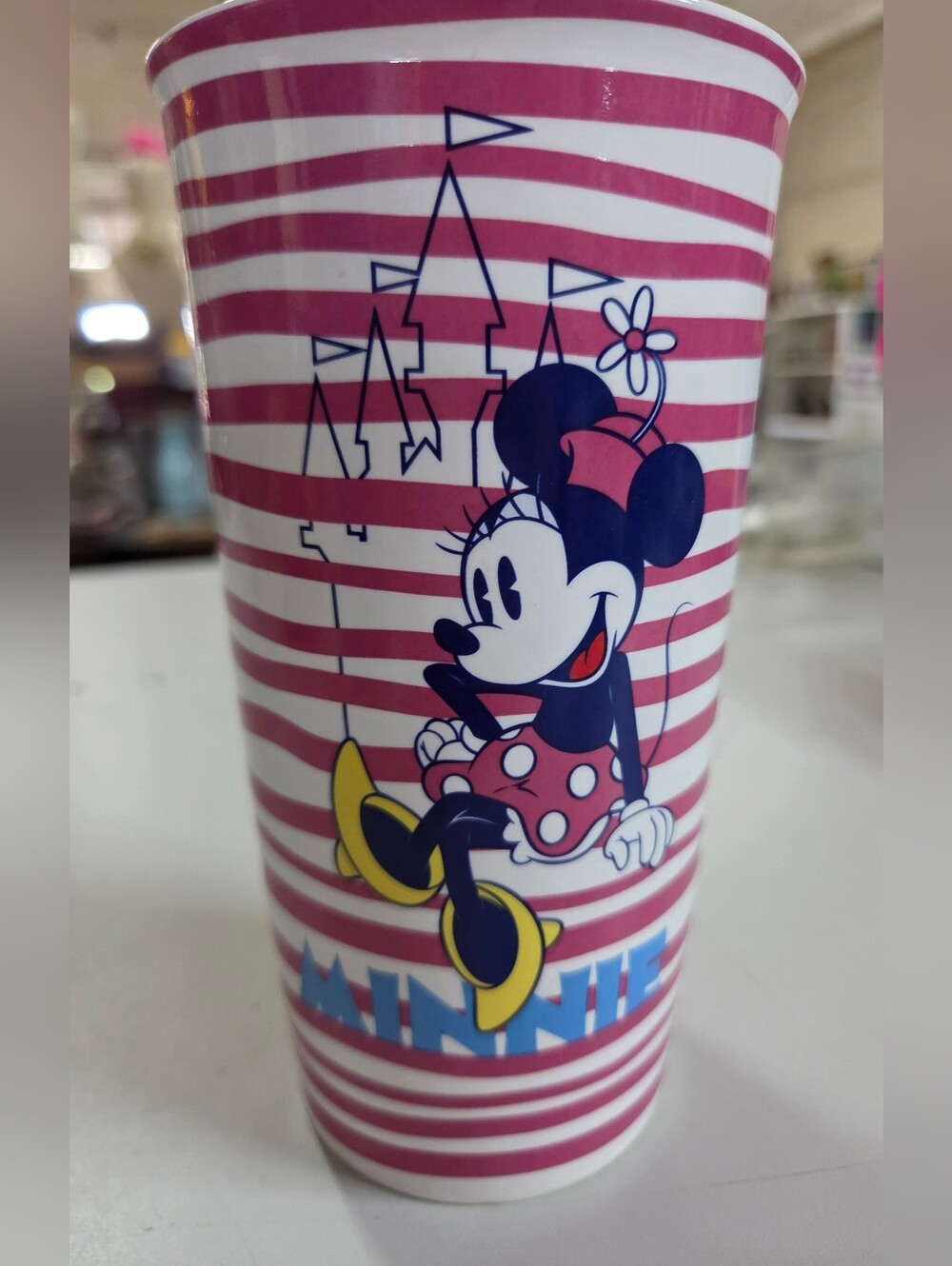Disney Parks Minnie Mouse Ceramic Travel Tumbler Mug Striped Castle